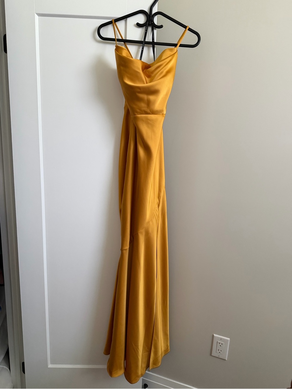 SORELLA VITA Mustard Golden Satin Cowl Neck Spaghetti Strap Maxi Dress